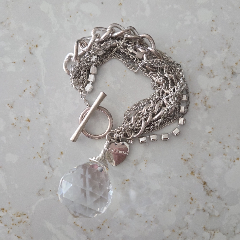Betsy Johnson Multi Layered Silver Chain Statement Bracelet with Crystal Pendant